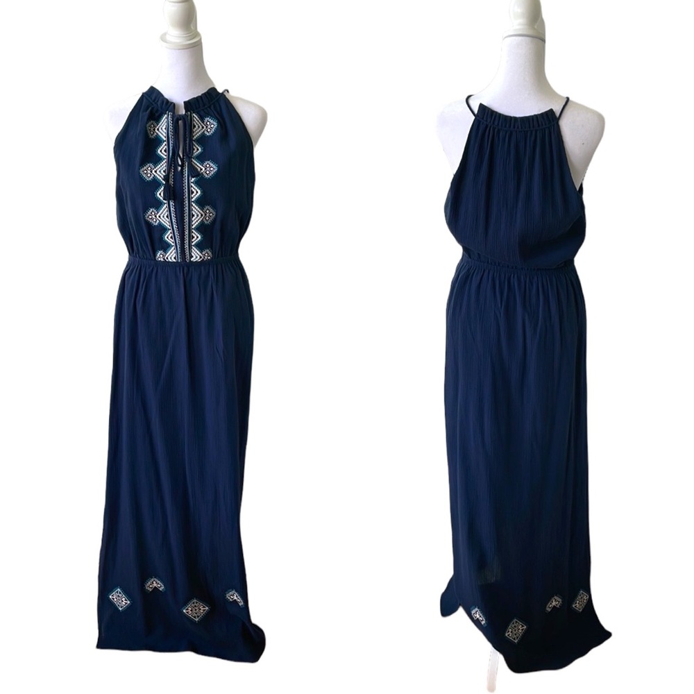 Market & Spruce Navy Blue Cotton Gauze Embroidered Boho Maxi Dress Size S